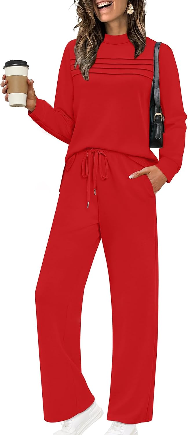 Two Piece Sets for Women Spring Travel Vacation Outfits 2026 Long Sleeve Lounge Sets Side Slit Wide Leg Pants S-3XL