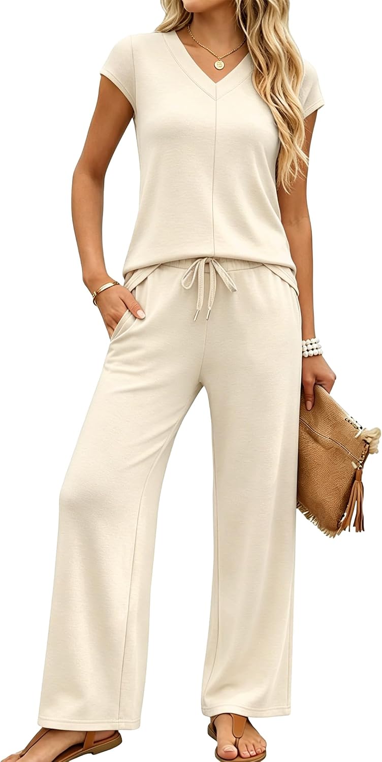Two Piece Sets for Women Side Slit Summer Travel Outfits V Neck Wide Leg Pant Matching Clothes Lounge Set