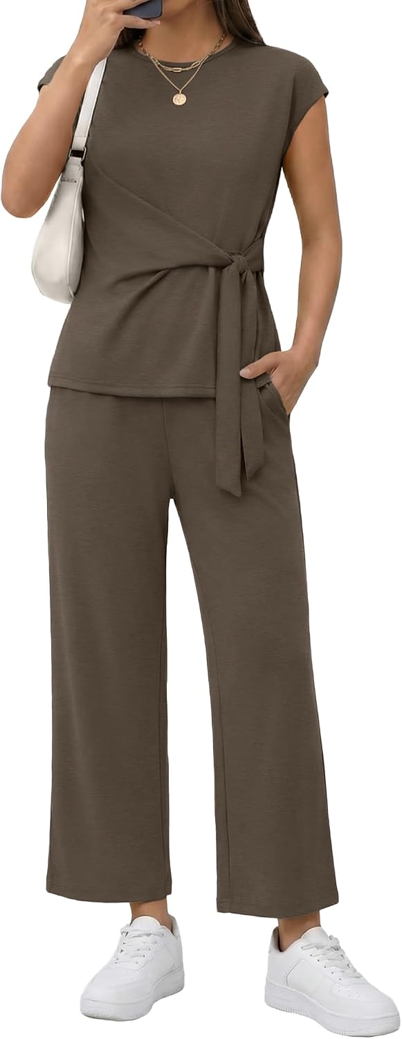 Two Piece Sets for Women Summer Outfits Cap Sleeve Belted Crop Top Wide Leg Pants Matching Set