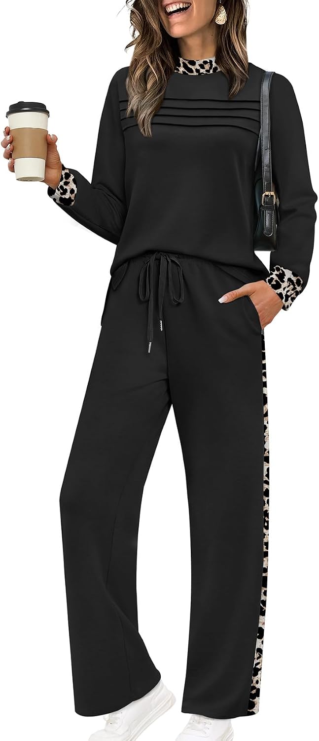 Two Piece Sets for Women Spring Travel Vacation Outfits 2026 Long Sleeve Lounge Sets Side Slit Wide Leg Pants S-3XL