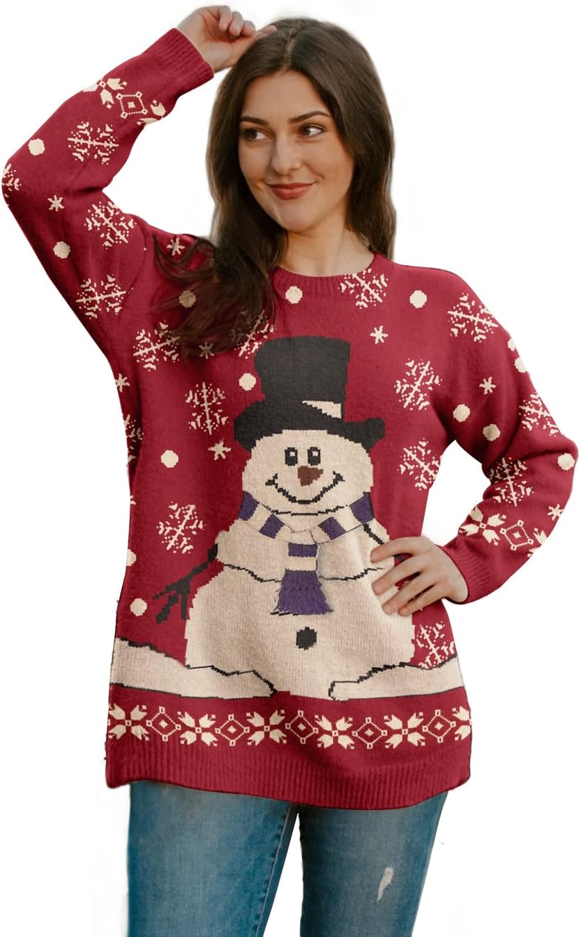  Women Christmas Sweater Graphic Printed Oversized Pullover Sweaters Casual Loose Knit Tops S01
