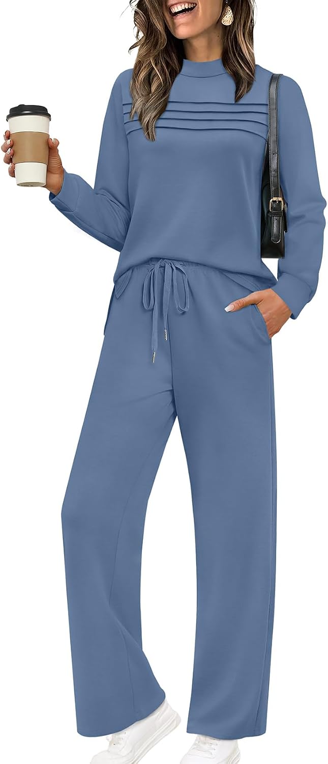 Two Piece Sets for Women Spring Travel Vacation Outfits 2026 Long Sleeve Lounge Sets Side Slit Wide Leg Pants S-3XL