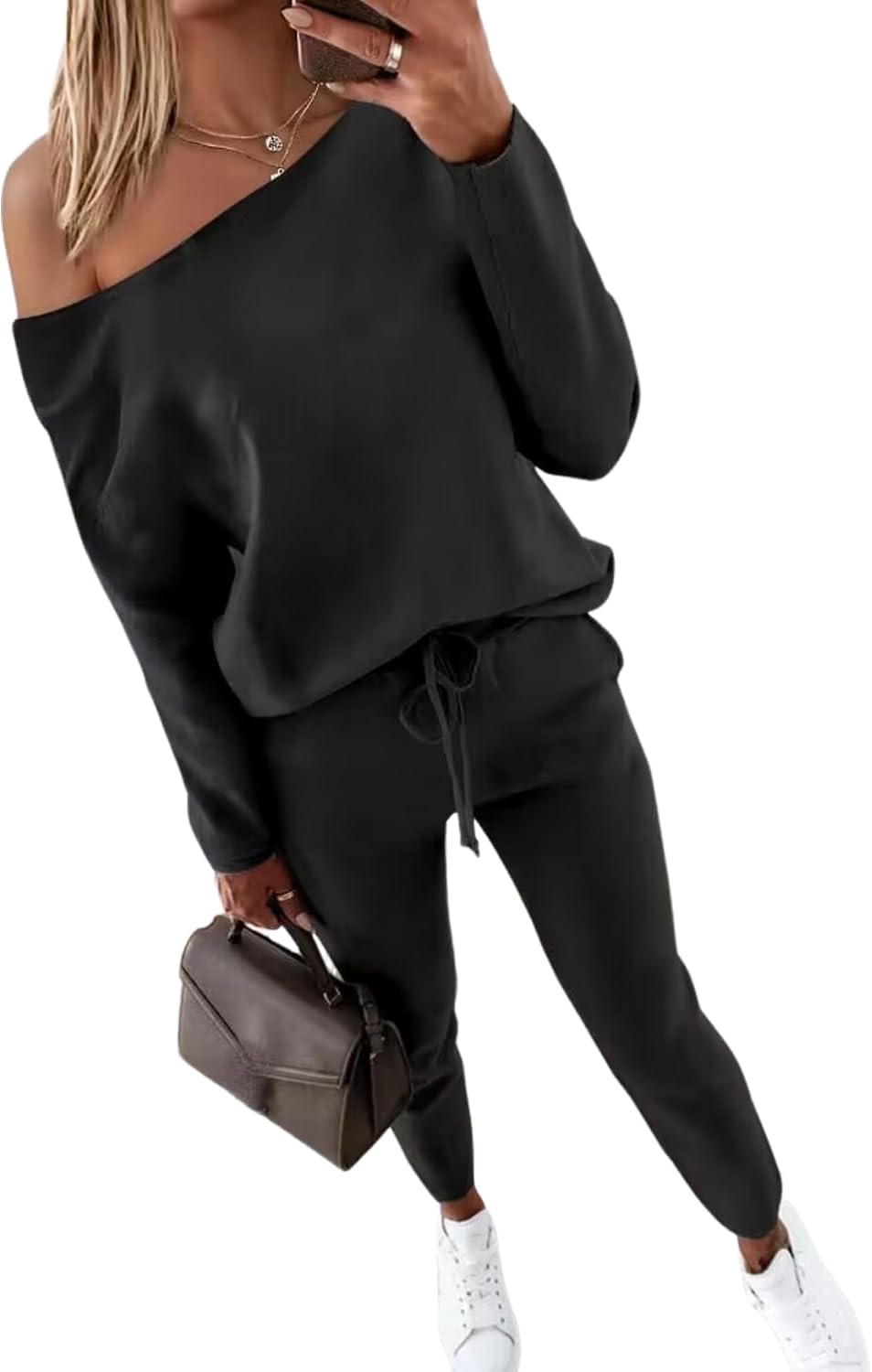 Women Tracksuit Fall 2 piece Outfits Off The Shoulder Long Sleeve Tops and Pants Set Travel Outfits