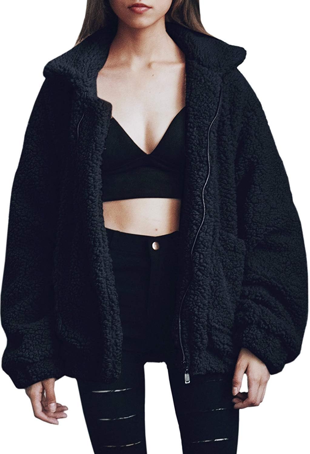 Women's Coat Casual Lapel Fleece Fuzzy Faux Shearling Zipper Coats Warm Winter Oversized Outwear Jackets