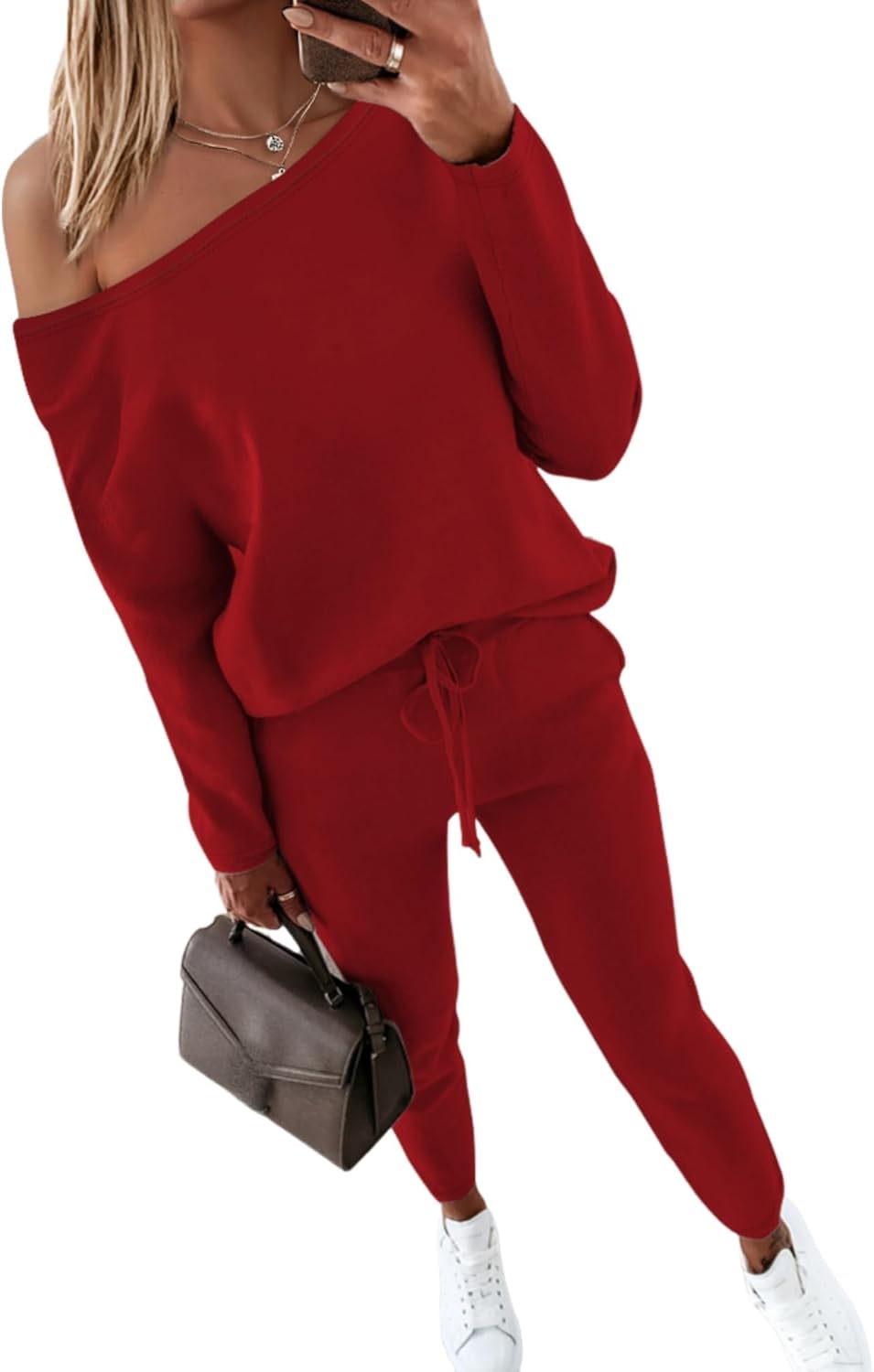 Women Tracksuit Fall 2 piece Outfits Off The Shoulder Long Sleeve Tops and Pants Set Travel Outfits