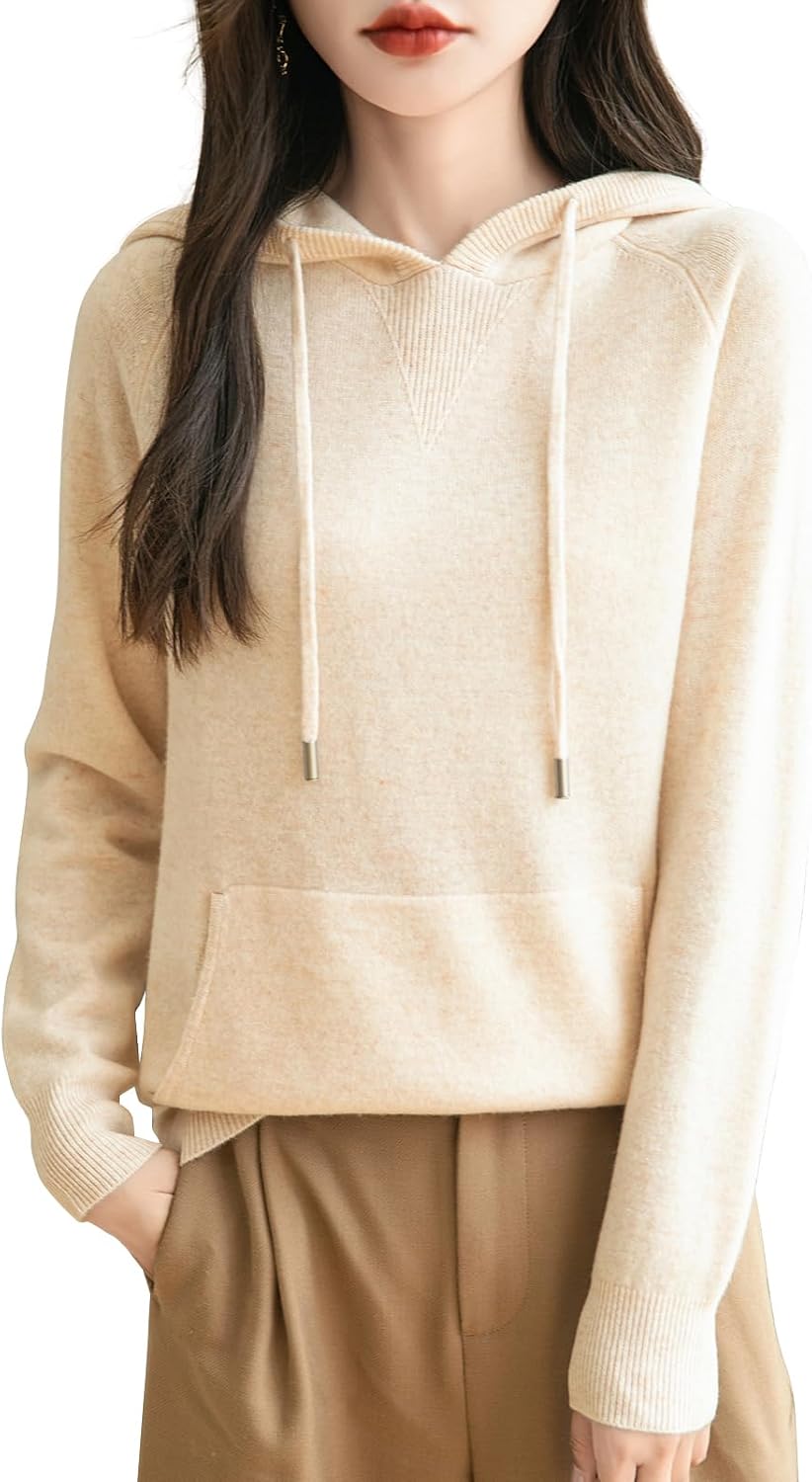 Women's 100% Merino Wool Hoodies 2025 Fall Winter Warm Soft Sweater Long Sleeve Knitted Sweatshirt with Pocket