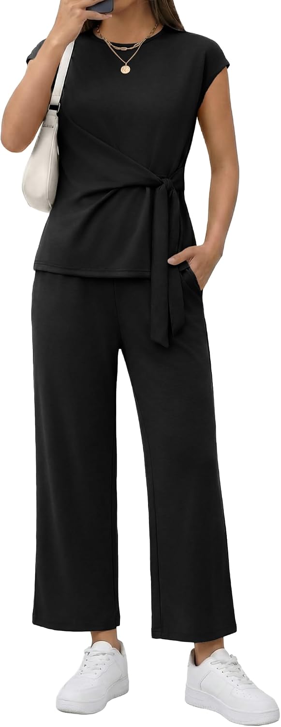 Two Piece Sets for Women Summer Outfits Cap Sleeve Belted Crop Top Wide Leg Pants Matching Set