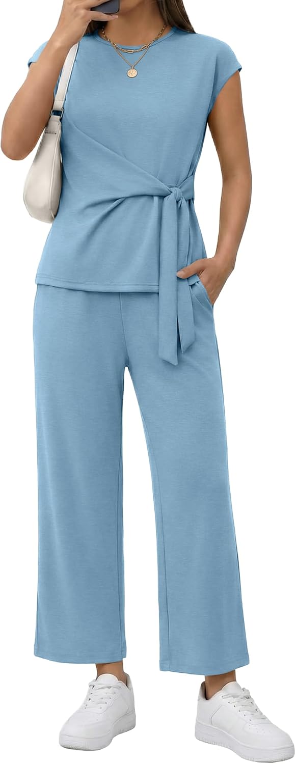 Two Piece Sets for Women Summer Outfits Cap Sleeve Belted Crop Top Wide Leg Pants Matching Set