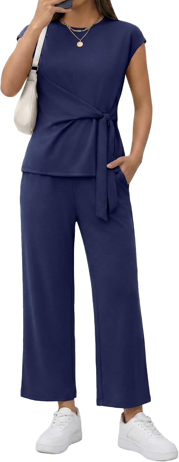Two Piece Sets for Women Summer Outfits Cap Sleeve Belted Crop Top Wide Leg Pants Matching Set