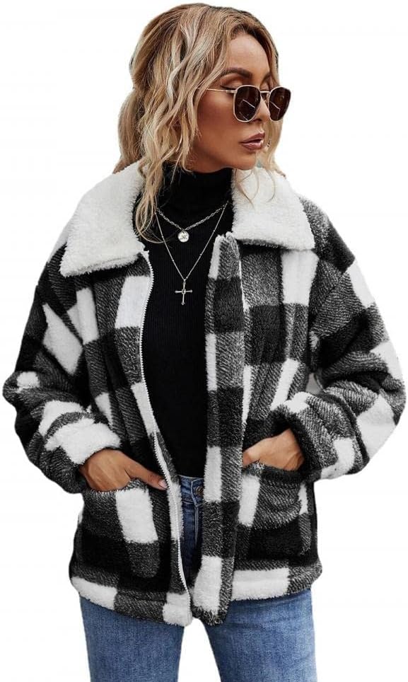 Women's Coat Casual Lapel Fleece Fuzzy Faux Shearling Zipper Coats Warm Winter Oversized Outwear Jackets