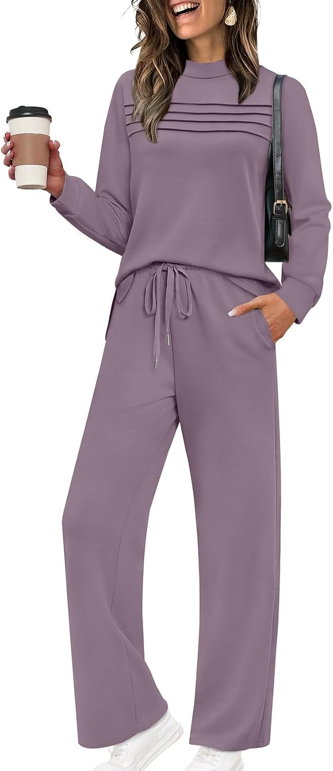 Two Piece Sets for Women Spring Travel Vacation Outfits 2026 Long Sleeve Lounge Sets Side Slit Wide Leg Pants S-3XL
