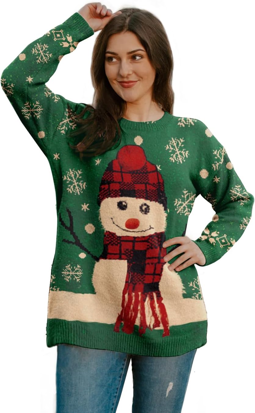  Women Christmas Sweater Graphic Printed Oversized Pullover Sweaters Casual Loose Knit Tops S01