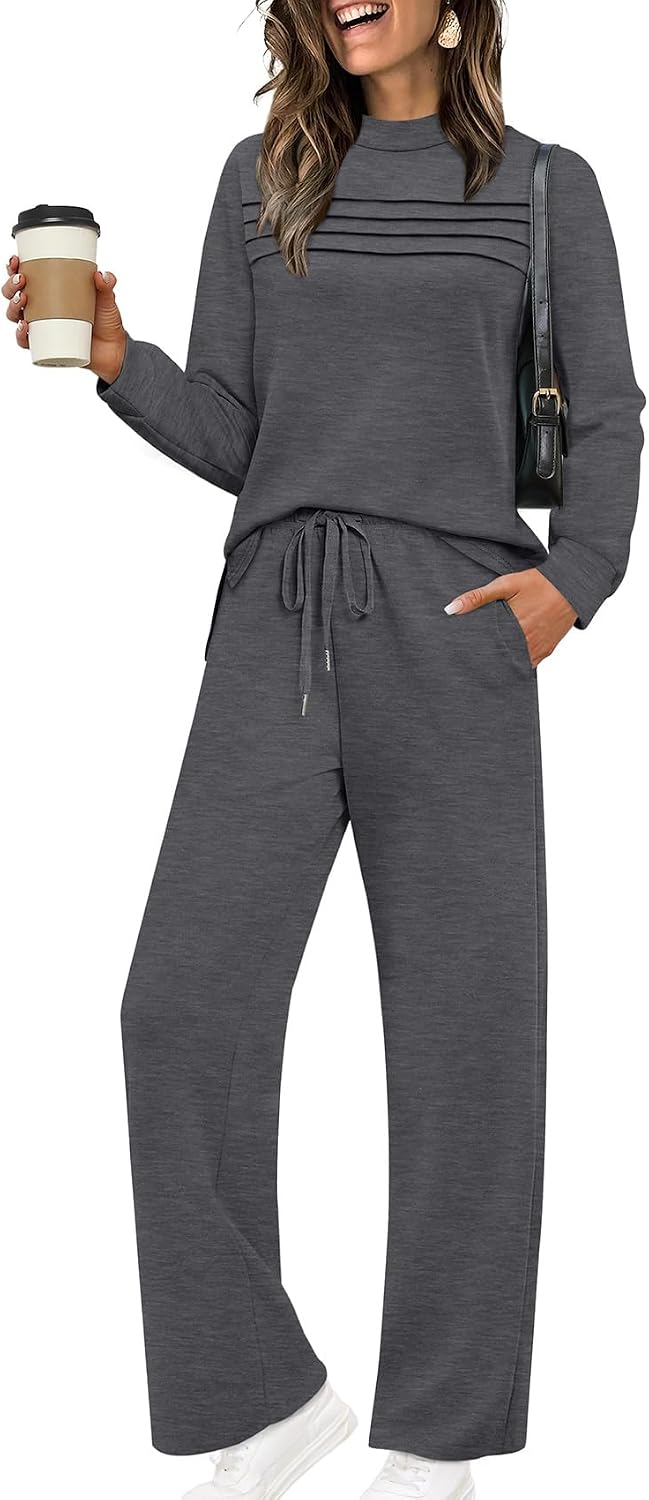 Two Piece Sets for Women Spring Travel Vacation Outfits 2026 Long Sleeve Lounge Sets Side Slit Wide Leg Pants S-3XL