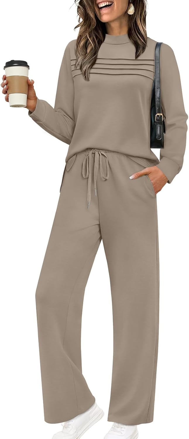 Two Piece Sets for Women Spring Travel Vacation Outfits 2026 Long Sleeve Lounge Sets Side Slit Wide Leg Pants S-3XL