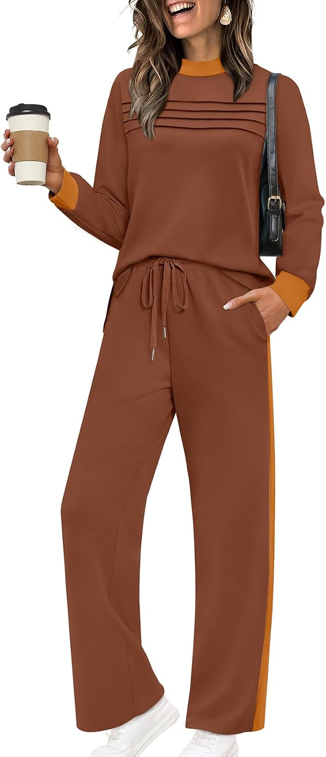Two Piece Sets for Women Spring Travel Vacation Outfits 2026 Long Sleeve Lounge Sets Side Slit Wide Leg Pants S-3XL
