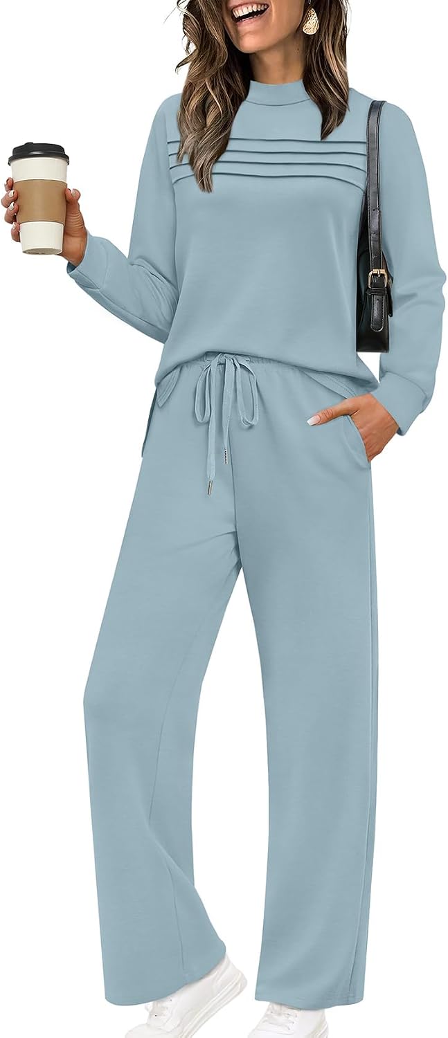 Two Piece Sets for Women Spring Travel Vacation Outfits 2026 Long Sleeve Lounge Sets Side Slit Wide Leg Pants S-3XL