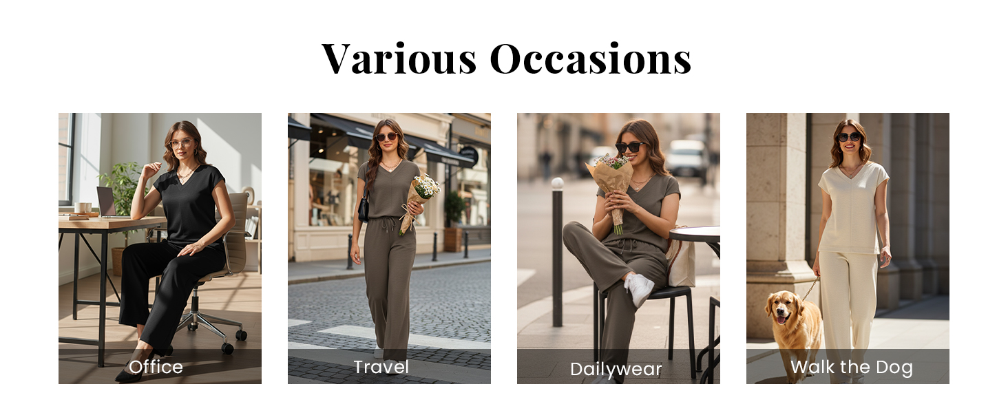 Two Piece Sets for Women Side Slit Summer Travel Outfits V Neck Wide Leg Pant Matching Lounge Set