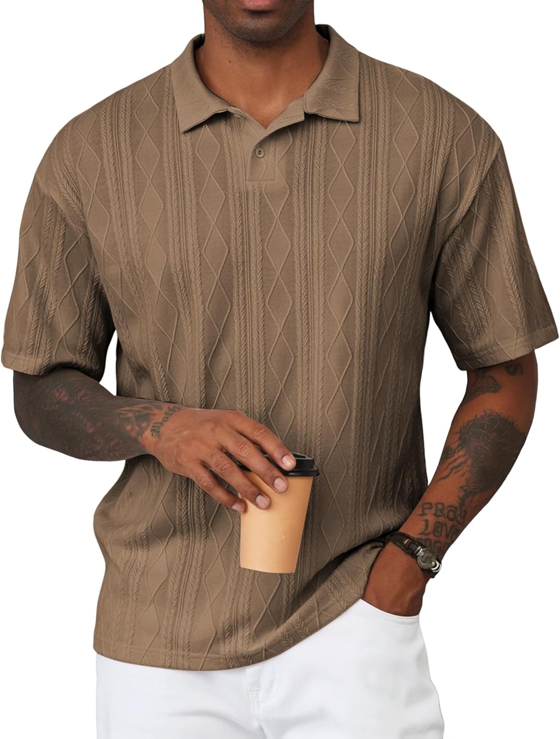 Mens Polo Shirt Textured Knit Button Casual Short Sleeve Summer Vacation Beach Stretchy Golf Shirts