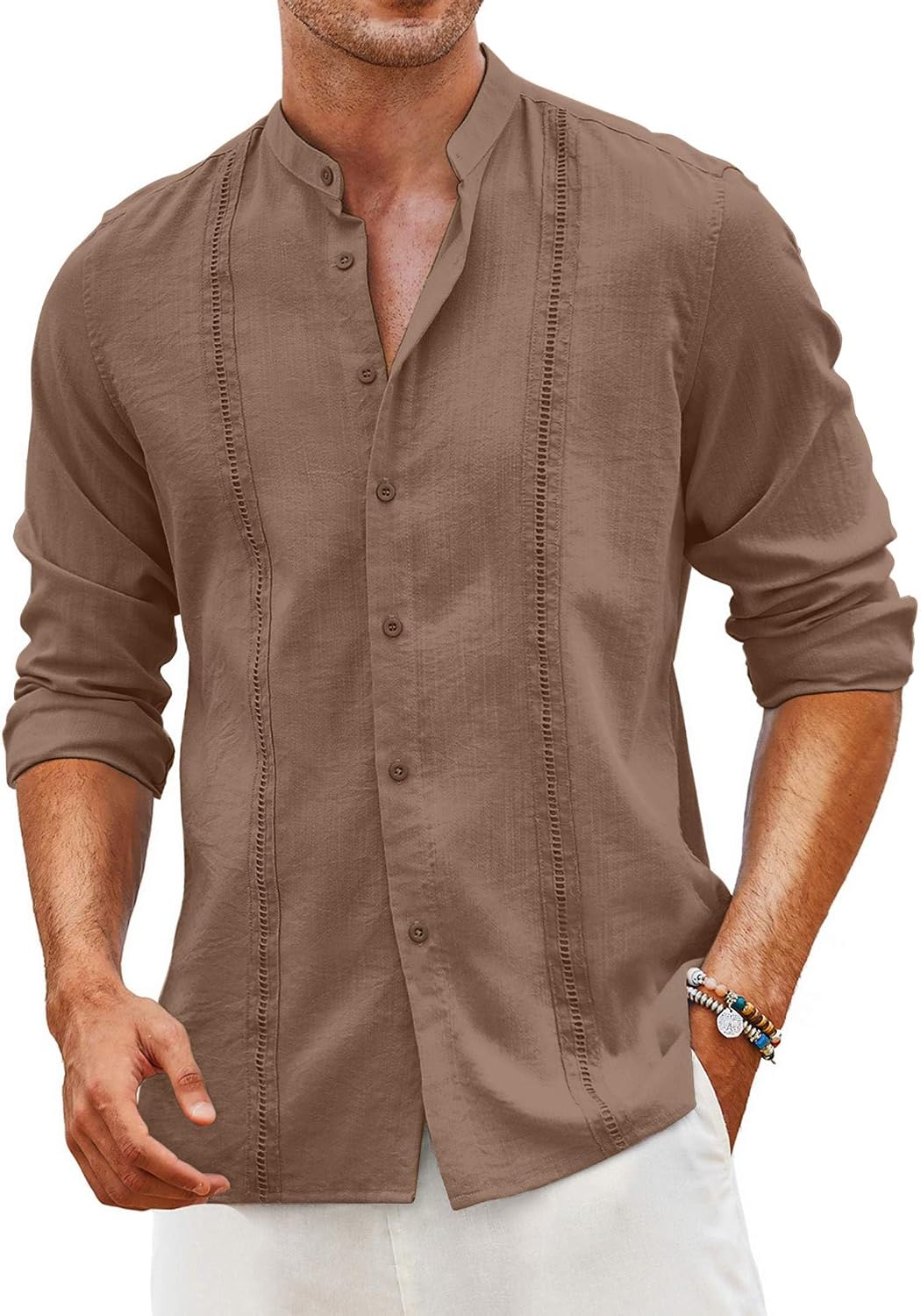 Men's Cuban Guayabera Shirt Casual Long Sleeve Button Down Shirts Band Collar Linen Summer Beach Shirt