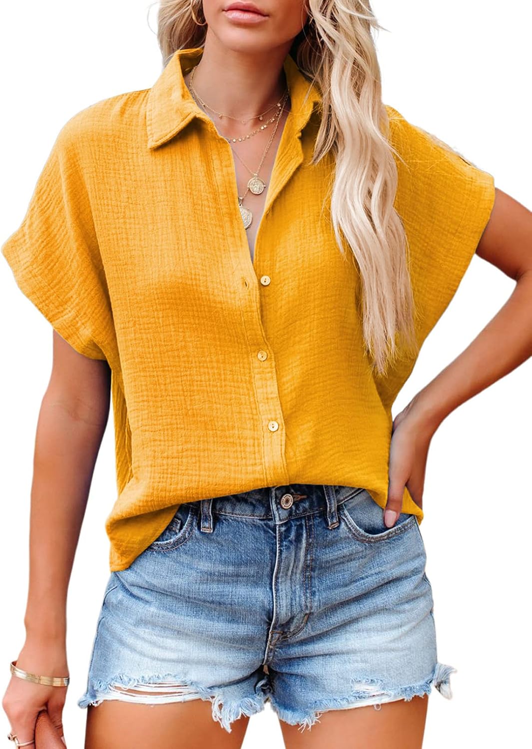 Casual V Neck Button Down Shirts for Women Solid Short Sleeve Blouse Tops