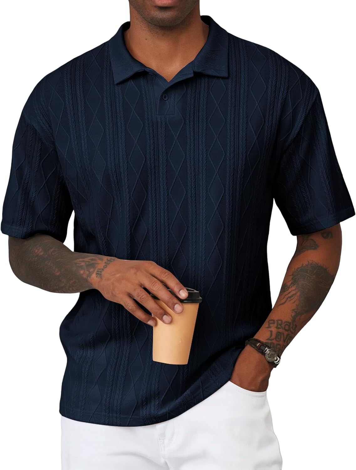 Mens Polo Shirt Textured Knit Button Casual Short Sleeve Summer Vacation Beach Stretchy Golf Shirts