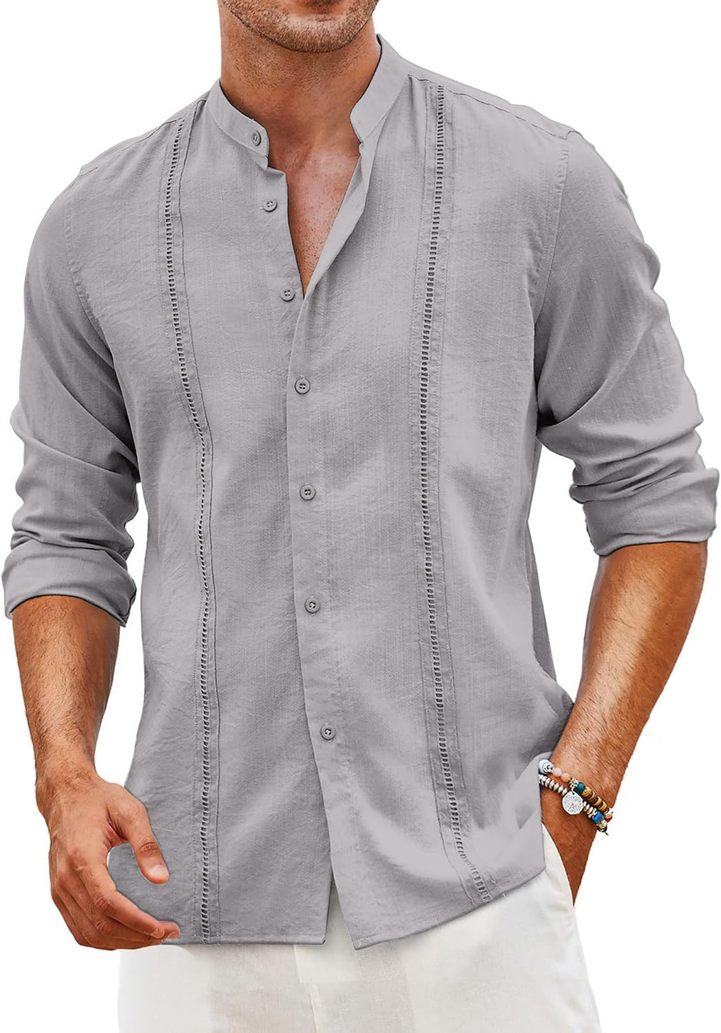 Men's Cuban Guayabera Shirt Casual Long Sleeve Button Down Shirts Band Collar Linen Summer Beach Shirt