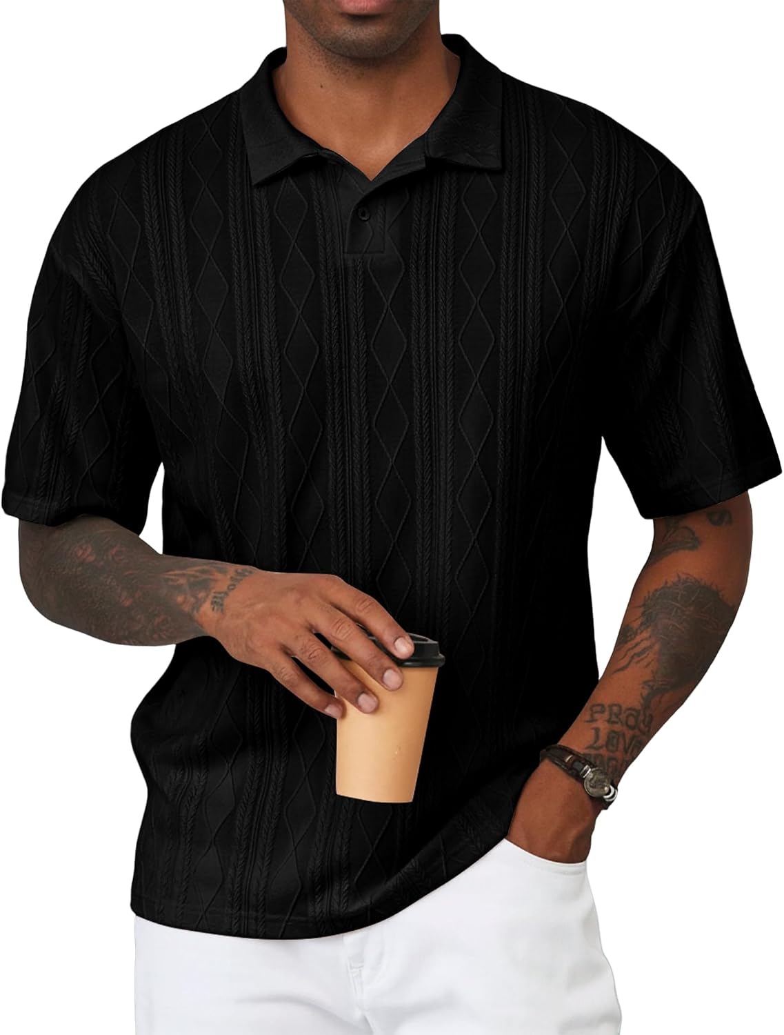 Mens Polo Shirt Textured Knit Button Casual Short Sleeve Summer Vacation Beach Stretchy Golf Shirts