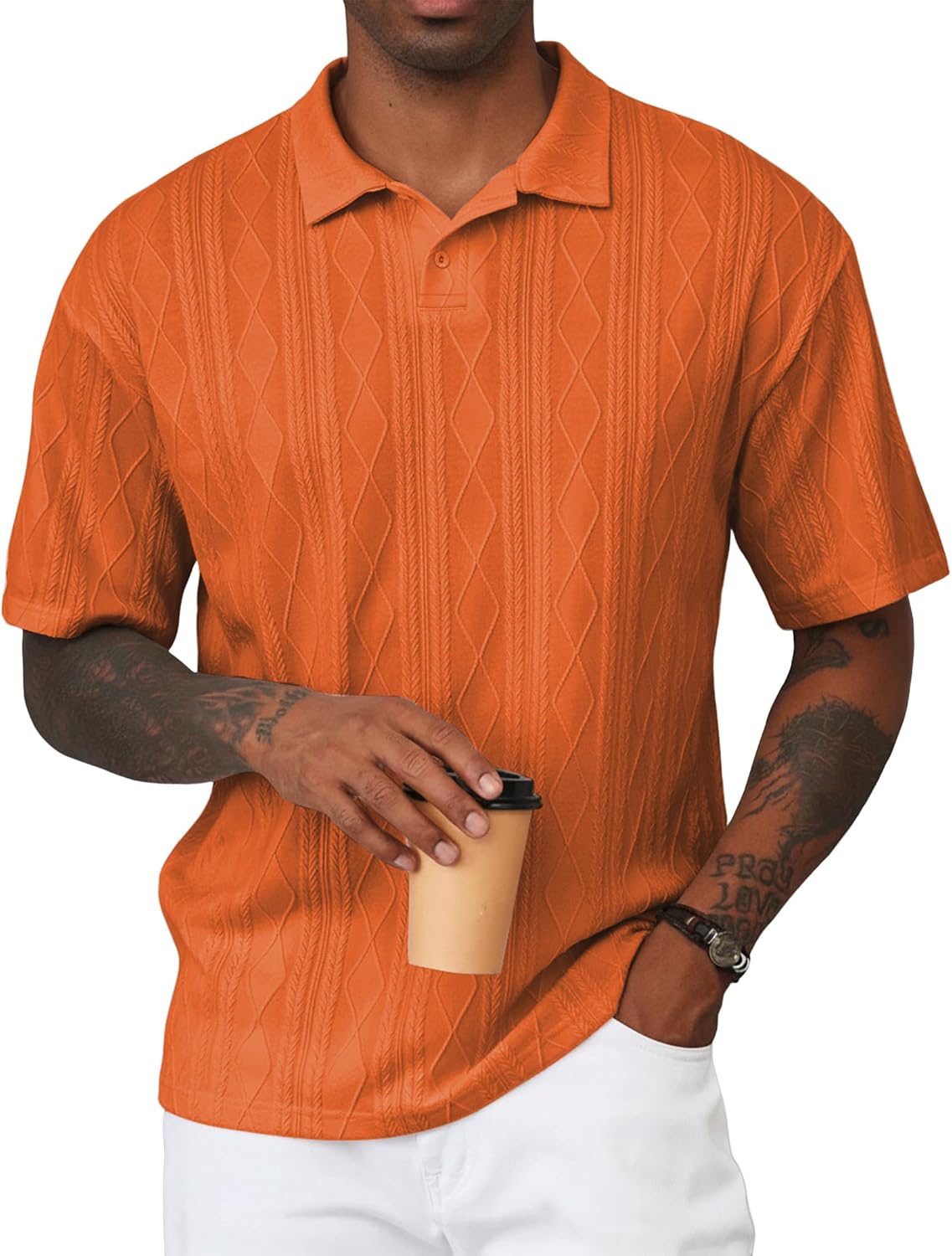 Mens Polo Shirt Textured Knit Button Casual Short Sleeve Summer Vacation Beach Stretchy Golf Shirts