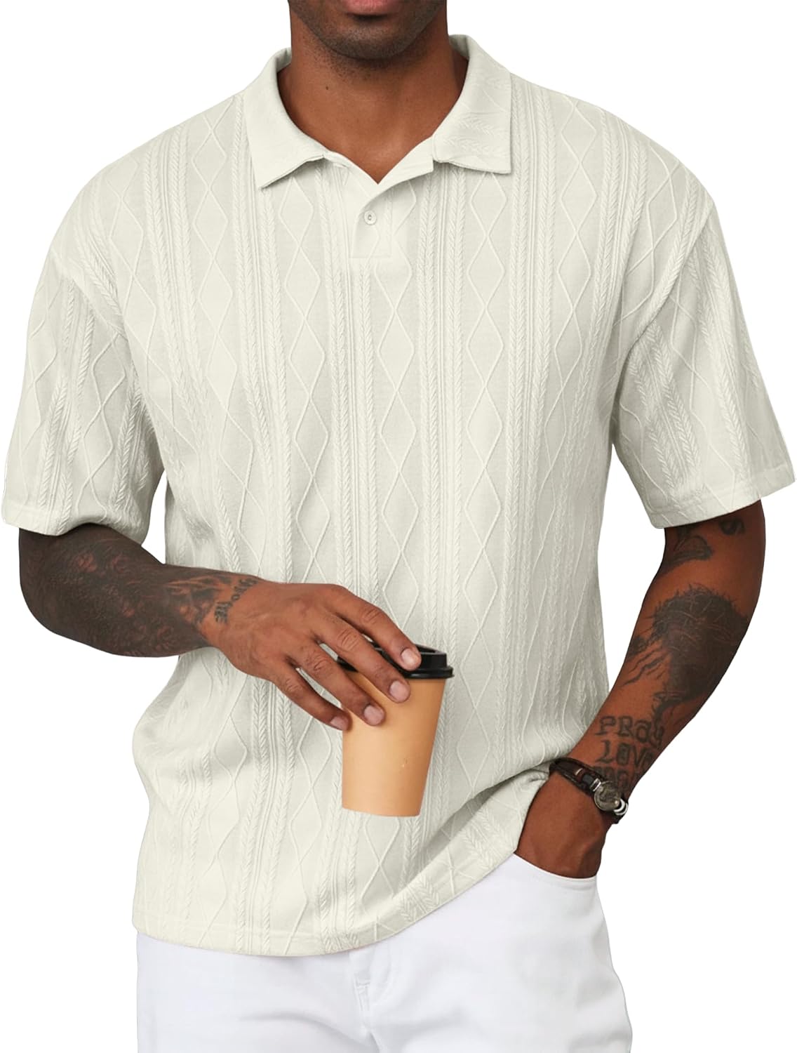 Mens Polo Shirt Textured Knit Button Casual Short Sleeve Summer Vacation Beach Stretchy Golf Shirts