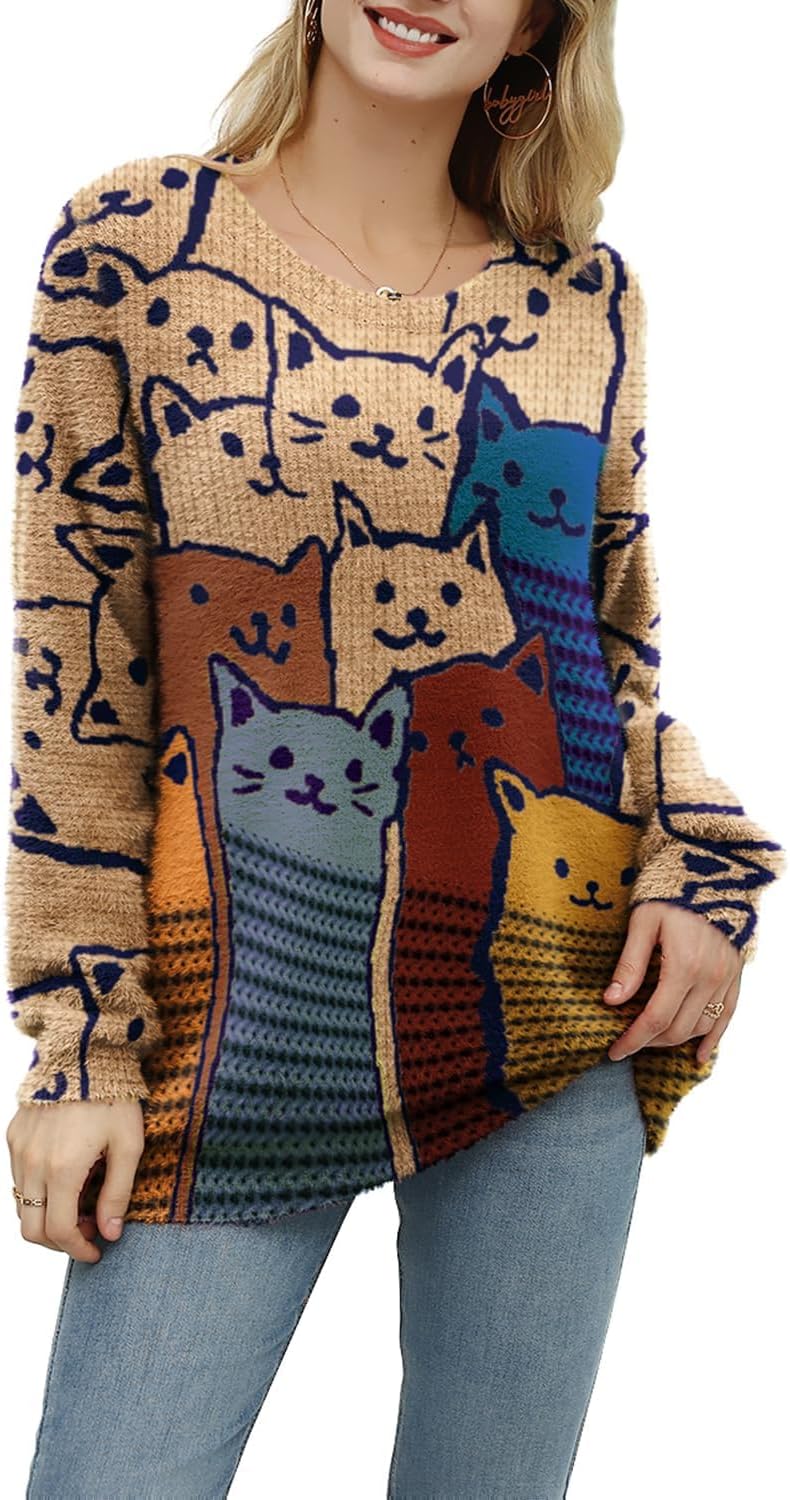  Women Christmas Sweater Graphic Printed Oversized Pullover Sweaters Casual Loose Knit Tops S01