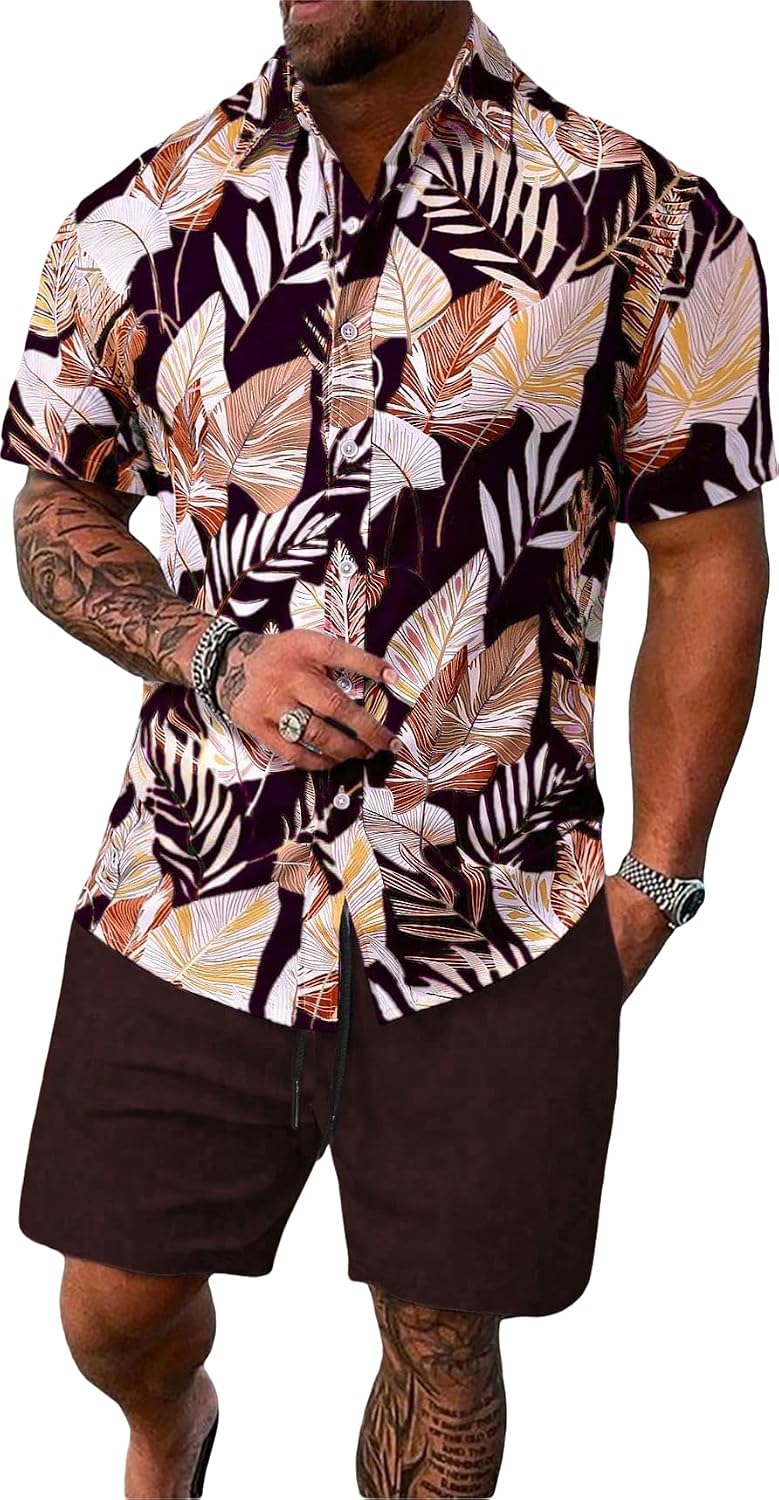 Men's 2 Piece Hawaiian Summer Outfits Short Sleeve Button Down Shirt and Shorts Set Beach Tracksuits