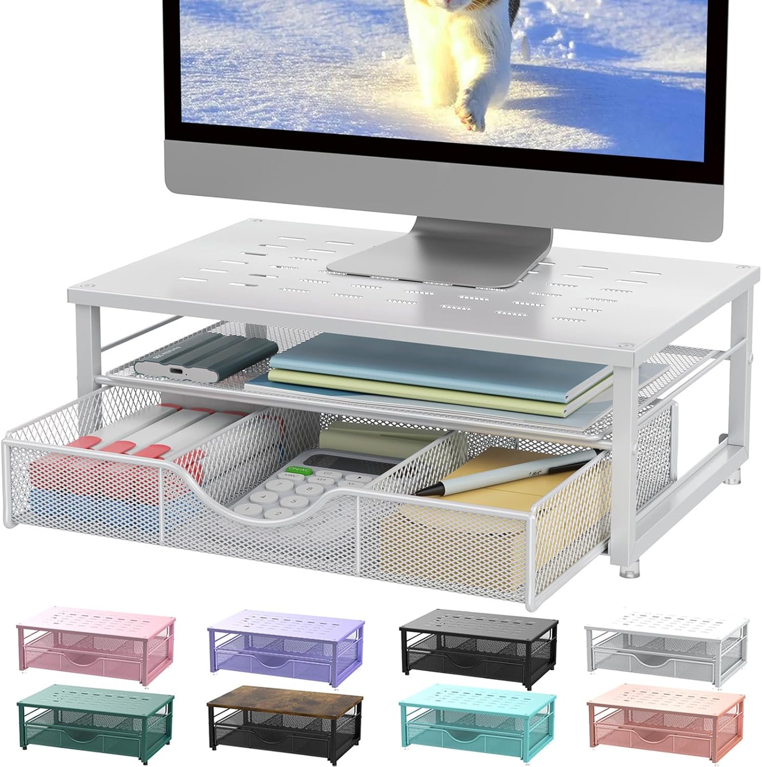 Computer Monitor Stand Riser, Desk Organizers and Accessories with Drawer, Office Desk Accessories & Workspace Desktop Organizers Storage for Printer Stand (Black)