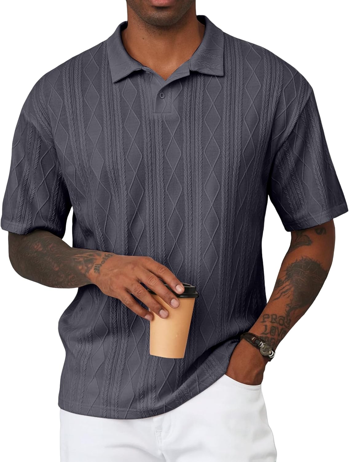 Mens Polo Shirt Textured Knit Button Casual Short Sleeve Summer Vacation Beach Stretchy Golf Shirts