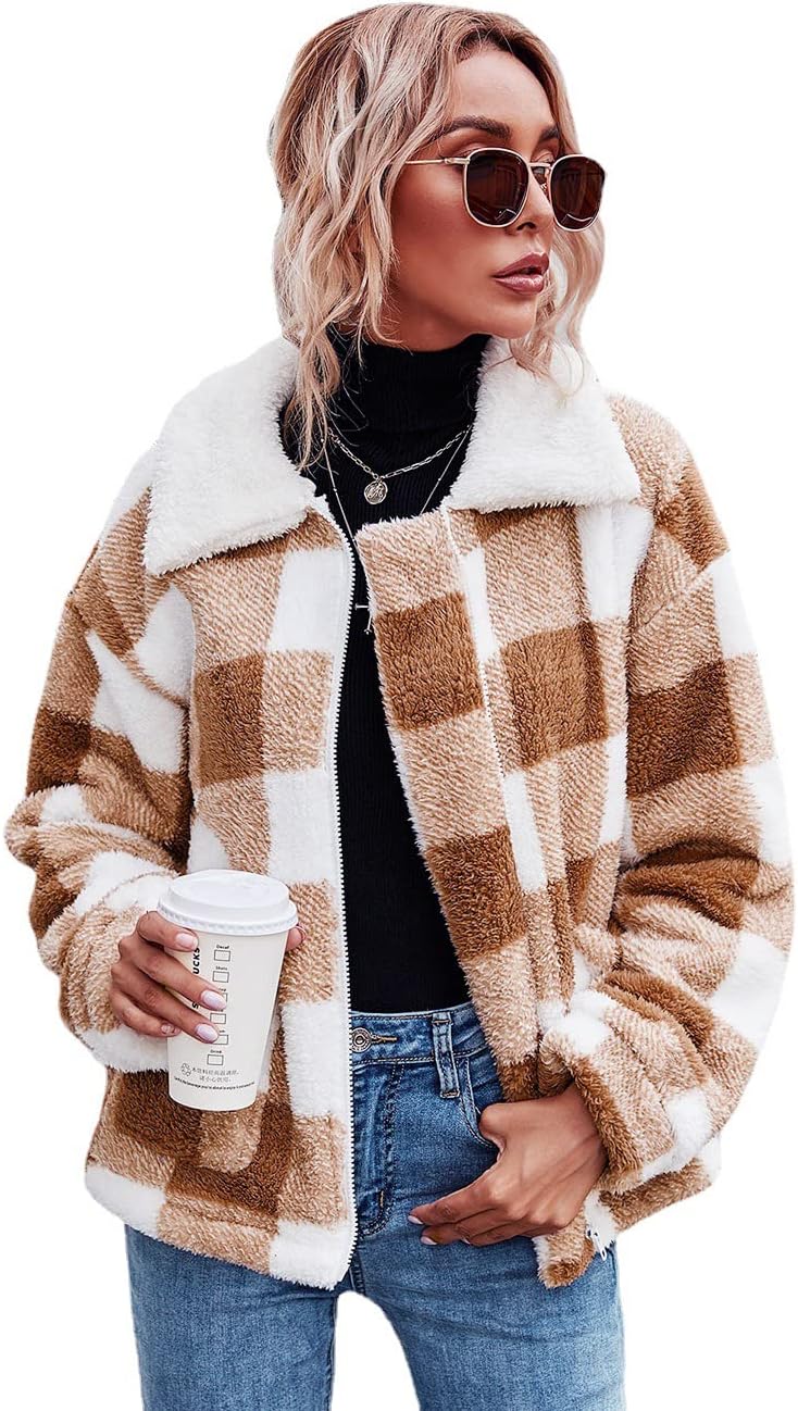 Women's Coat Casual Lapel Fleece Fuzzy Faux Shearling Zipper Coats Warm Winter Oversized Outwear Jackets