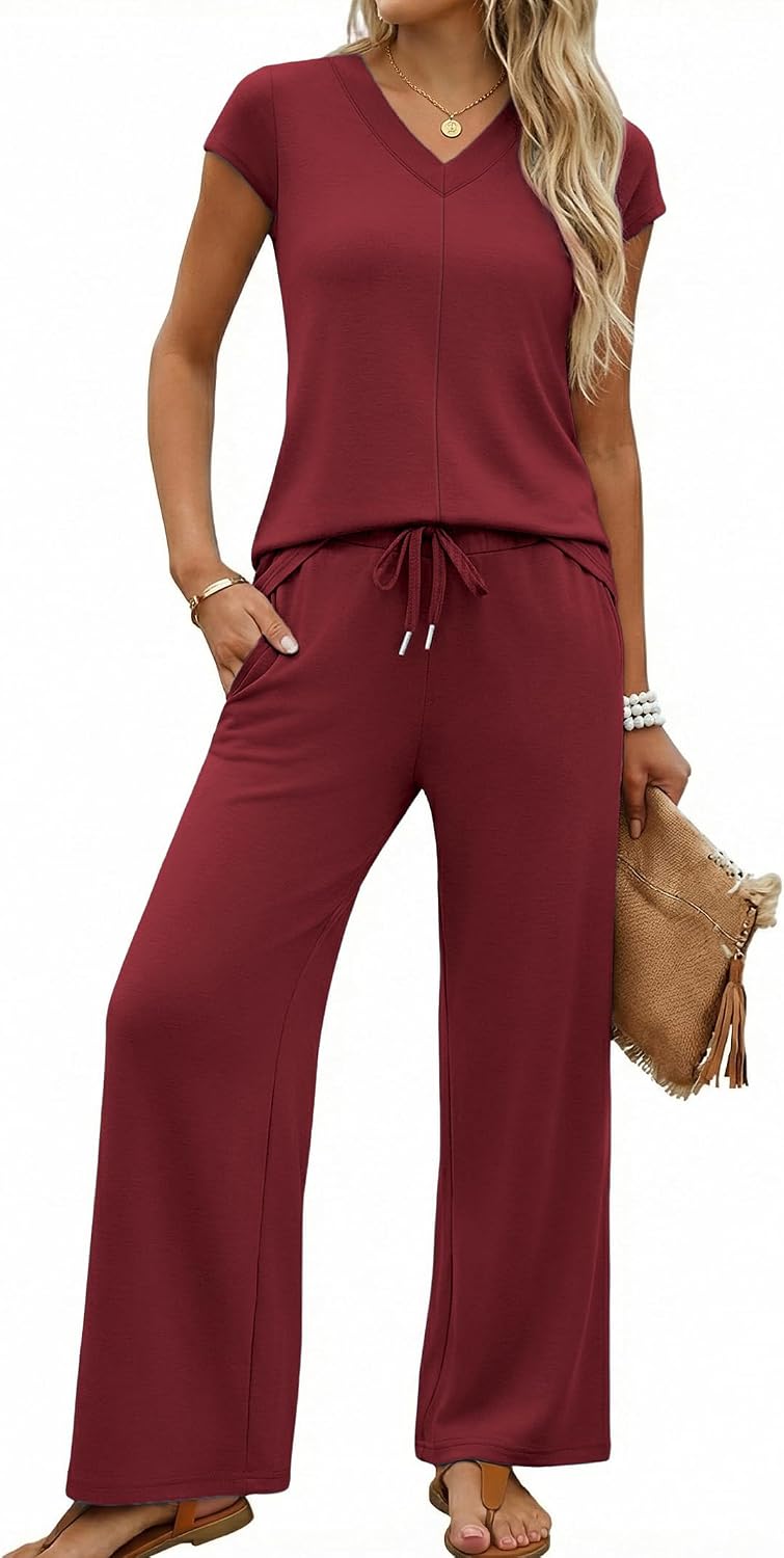 Two Piece Sets for Women Side Slit Summer Travel Outfits V Neck Wide Leg Pant Matching Clothes Lounge Set