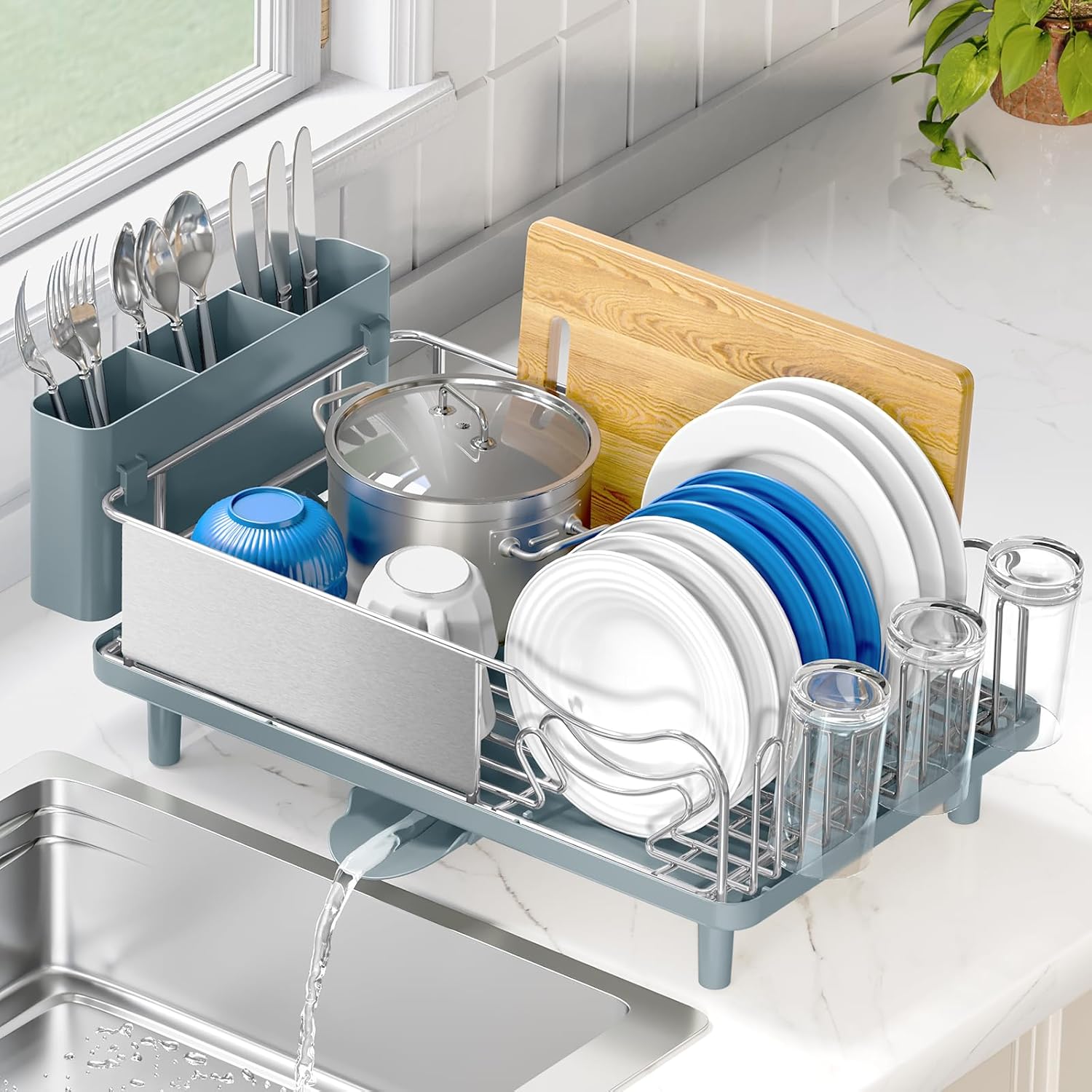 Stainless Steel Dish Drying Rack - Large Capacity Kitchen Counter Organizer with Drain Board, Utensil Holder & Detachable Cup Shelf, 304 Surgical-Grade Rust-Proof Dish Drainer, Easy Assembly