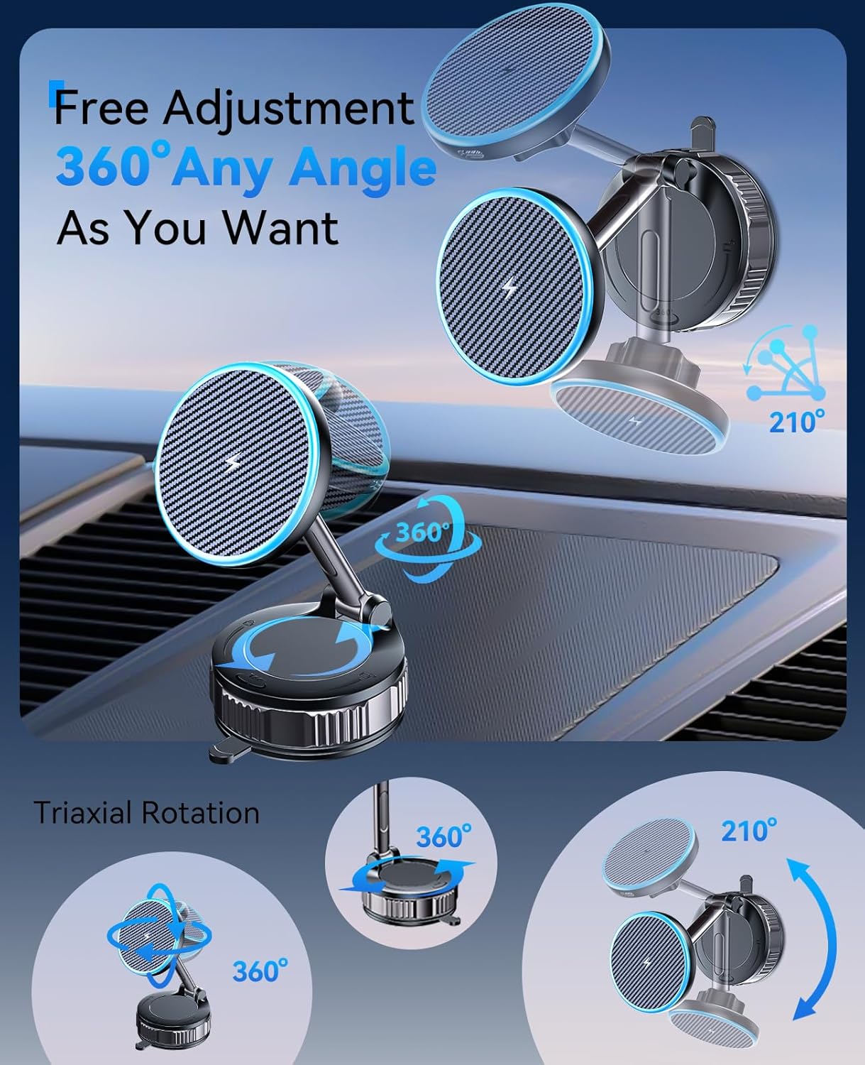 iPhone Car Mount Charger [15W Fast Wireless Charging, 120+ LB Strongest Suction & 2800gf Strongest Magnetic] 360° Adjustable Car Phone Holders for Your car, for iPhone 17 16 15 14 13 12 Series