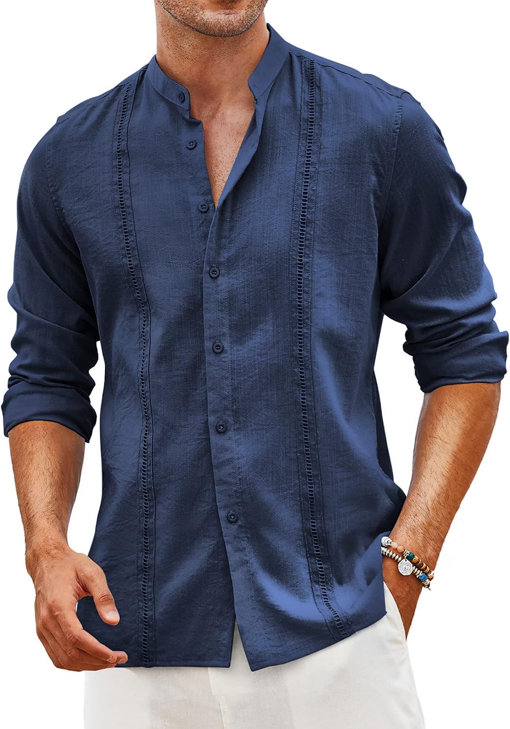 Men's Cuban Guayabera Shirt Casual Long Sleeve Button Down Shirts Band Collar Linen Summer Beach Shirt
