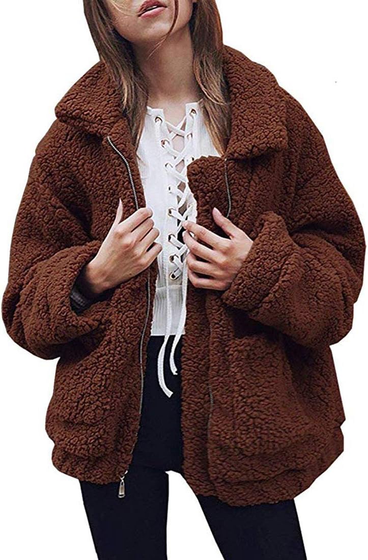 Women's Coat Casual Lapel Fleece Fuzzy Faux Shearling Zipper Coats Warm Winter Oversized Outwear Jackets