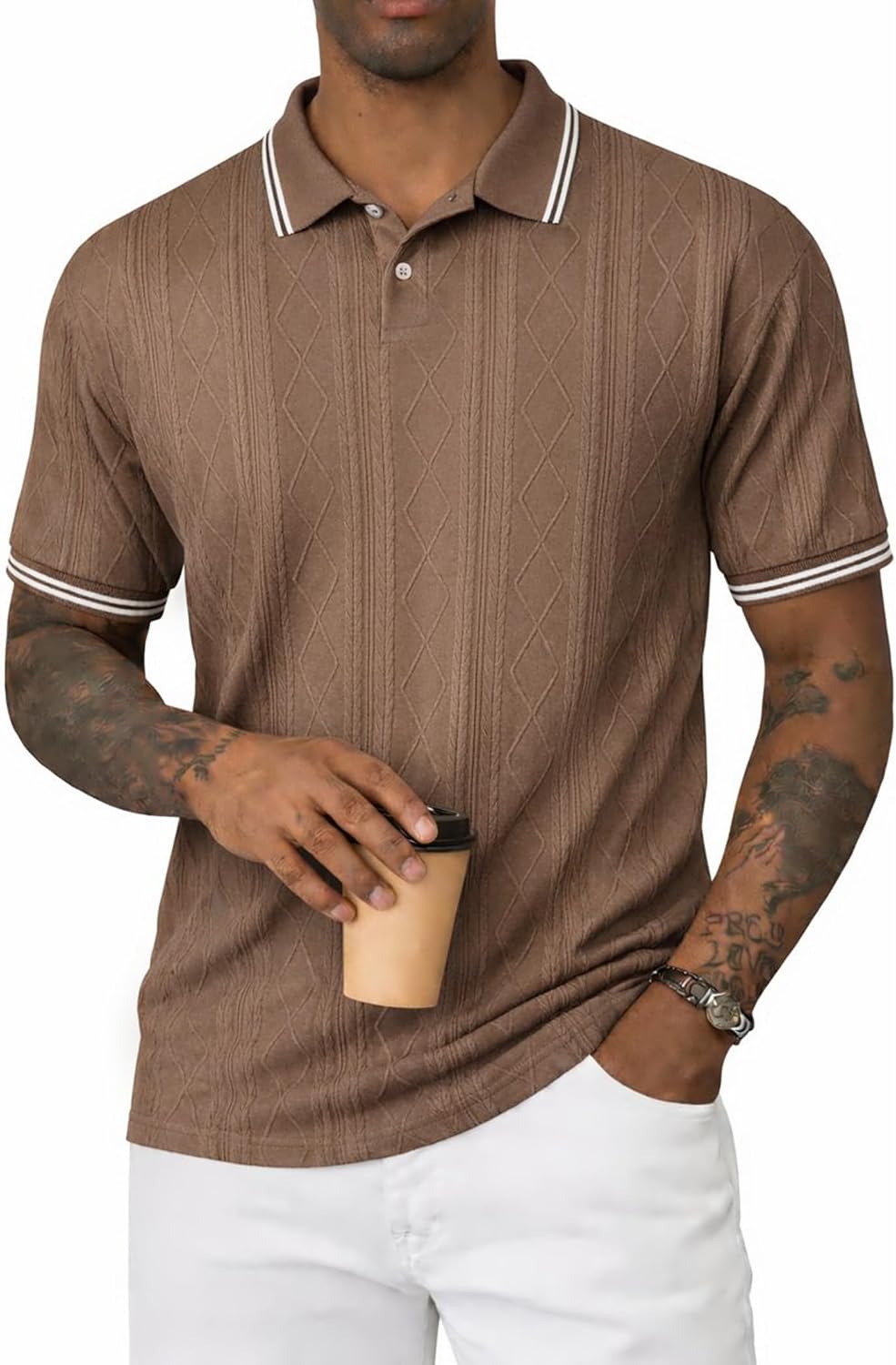 Mens Polo Shirt Textured Knit Button Casual Short Sleeve Summer Vacation Beach Stretchy Golf Shirts