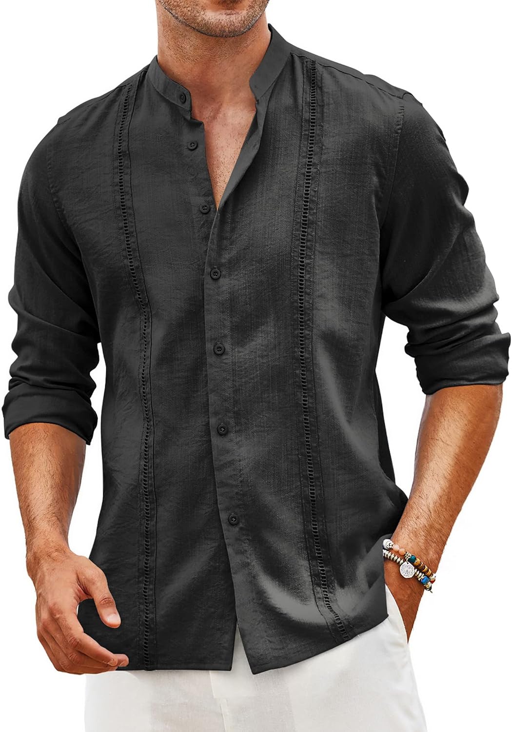 Men's Cuban Guayabera Shirt Casual Long Sleeve Button Down Shirts Band Collar Linen Summer Beach Shirt