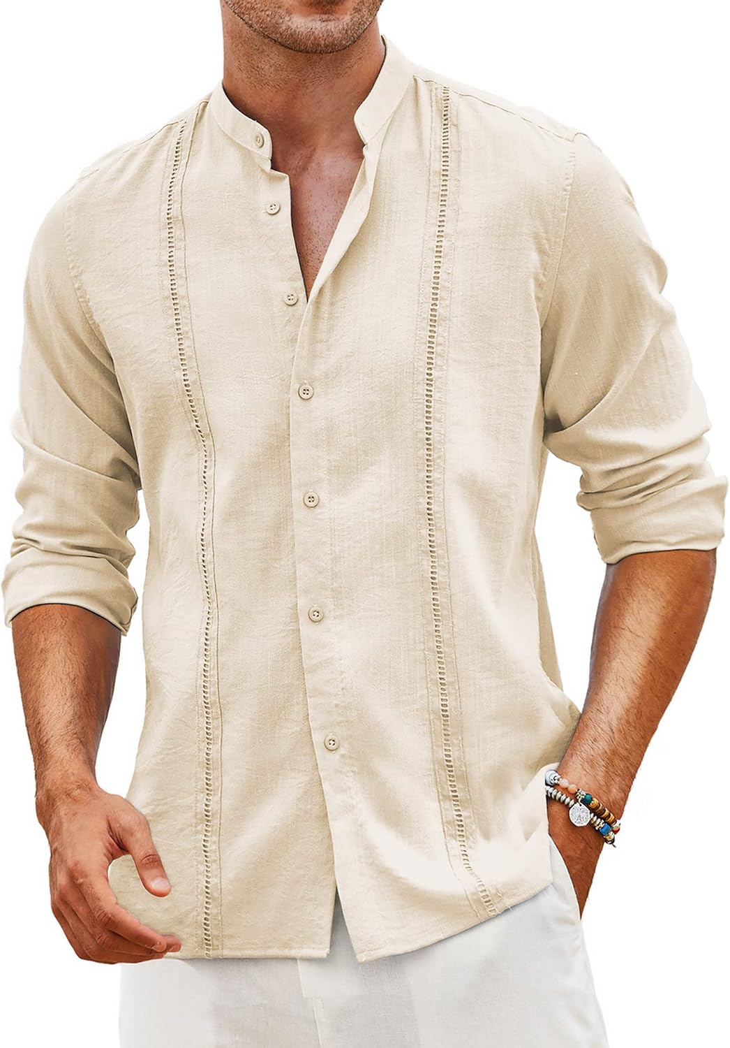 Men's Cuban Guayabera Shirt Casual Long Sleeve Button Down Shirts Band Collar Linen Summer Beach Shirt
