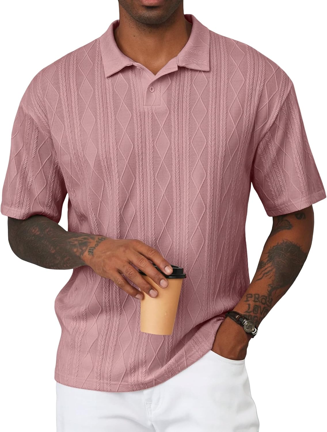 Mens Polo Shirt Textured Knit Button Casual Short Sleeve Summer Vacation Beach Stretchy Golf Shirts