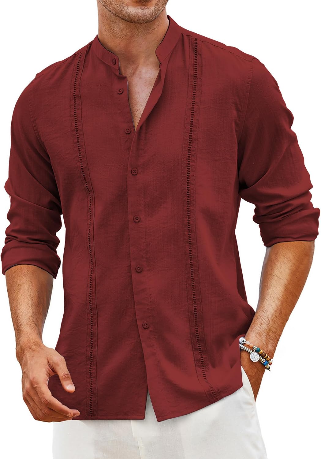 Men's Cuban Guayabera Shirt Casual Long Sleeve Button Down Shirts Band Collar Linen Summer Beach Shirt