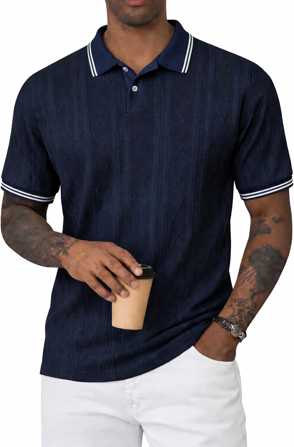 Mens Polo Shirt Textured Knit Button Casual Short Sleeve Summer Vacation Beach Stretchy Golf Shirts