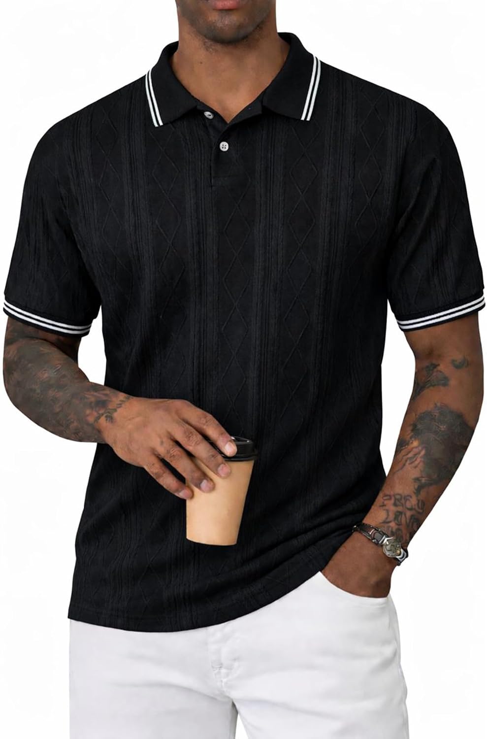 Mens Polo Shirt Textured Knit Button Casual Short Sleeve Summer Vacation Beach Stretchy Golf Shirts