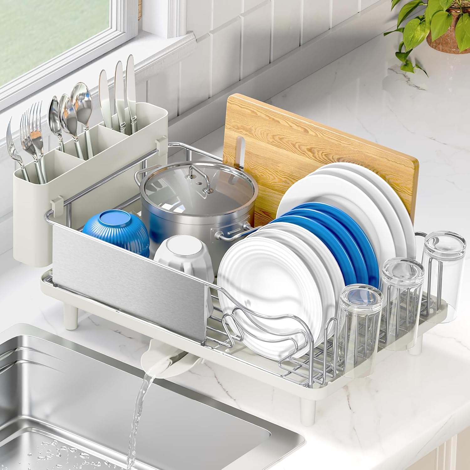 Stainless Steel Dish Drying Rack - Large Capacity Kitchen Counter Organizer with Drain Board, Utensil Holder & Detachable Cup Shelf, 304 Surgical-Grade Rust-Proof Dish Drainer, Easy Assembly