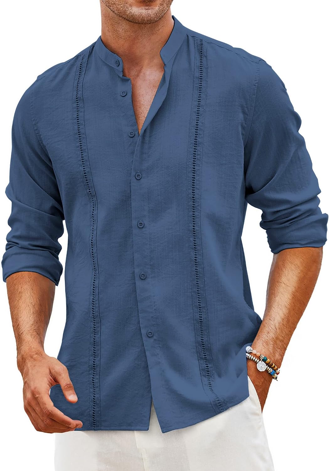 Men's Cuban Guayabera Shirt Casual Long Sleeve Button Down Shirts Band Collar Linen Summer Beach Shirt