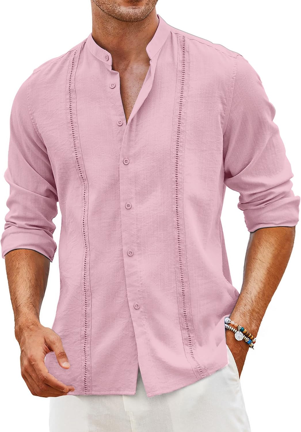 Men's Cuban Guayabera Shirt Casual Long Sleeve Button Down Shirts Band Collar Linen Summer Beach Shirt