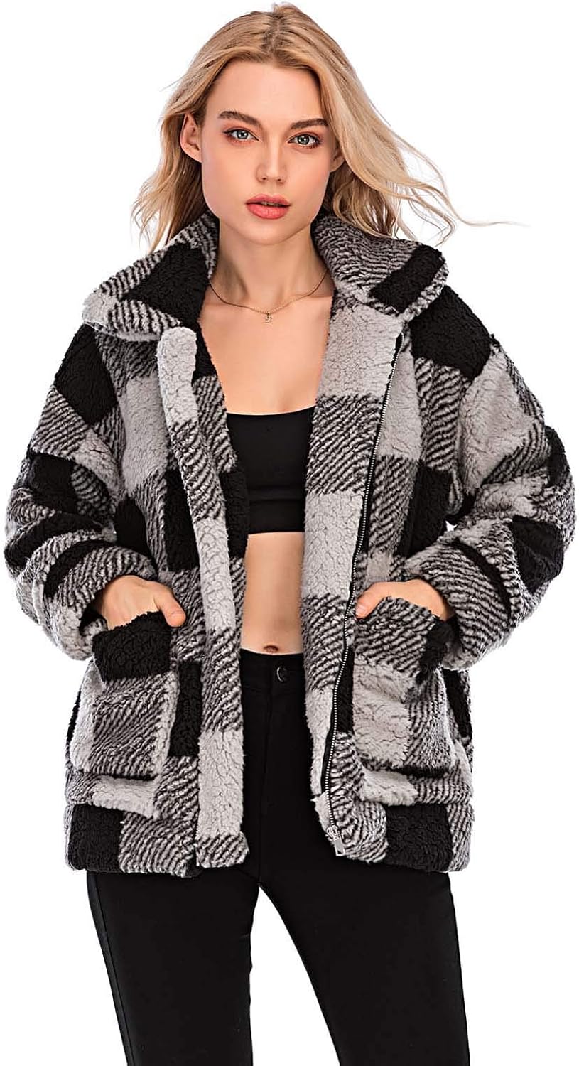Women's Coat Casual Lapel Fleece Fuzzy Faux Shearling Zipper Coats Warm Winter Oversized Outwear Jackets